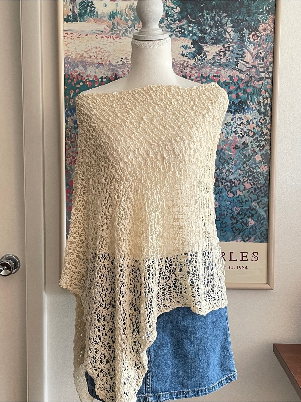 Cream Crochet Knit Poncho Open Weave Asymmetric Hem Boho Beach Cover Up